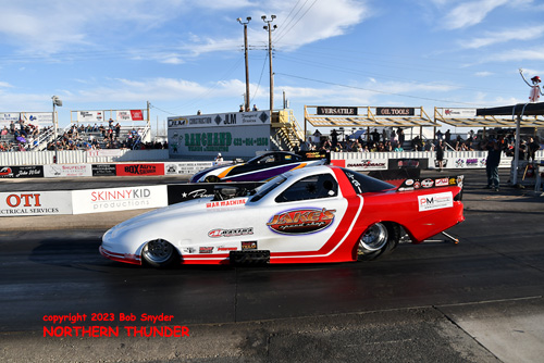 Jeff Cameron - 'Jake's Speed Shop' (near lane) vs 
Keith Zimmerer - 'Penny Pincher 02' (far lane)
